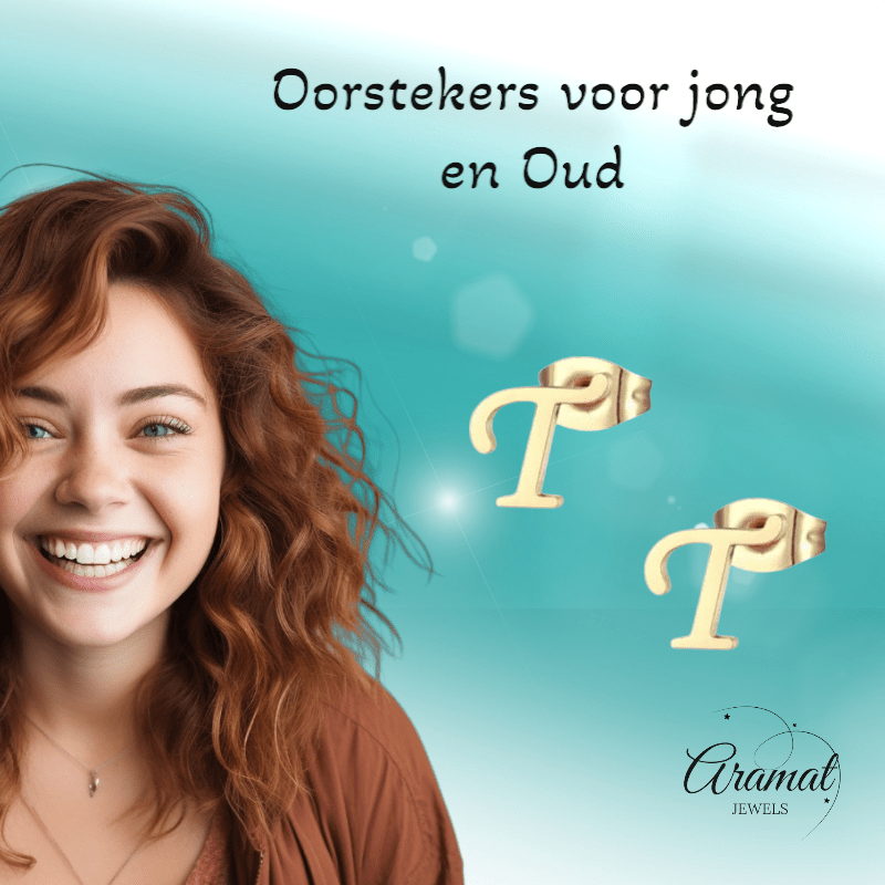 Goudkleurige RVS Letter T Oorbellen – Initiaal - Aramat Jewels - Oorbellen - cadeautip