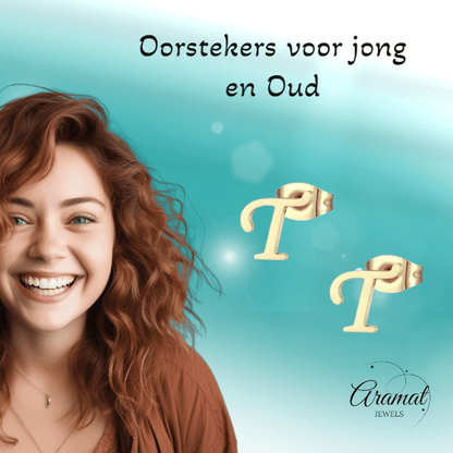 Goudkleurige RVS Letter T Oorbellen – Initiaal - Aramat Jewels - Oorbellen - cadeautip