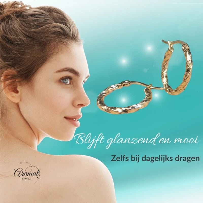 Goudkleurige RVS Oorringen met Gevlochten Design - 20 mm - Aramat Jewels - Oorringen - cadeautip
