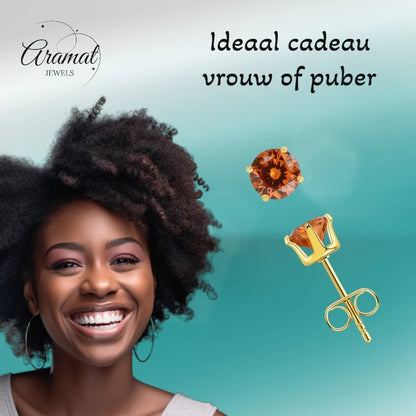 Goudkleurige RVS Oorstekers Geboortesteen Juli - Roodoranje Zirkonia - Aramat Jewels - Oorbellen - cadeautip