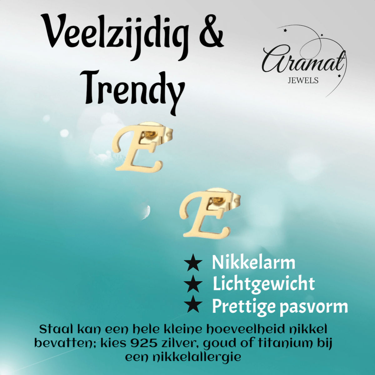 Goudkleurige RVS oorstekers Letter E - Aramat Jewels - Oorbellen - cadeautip