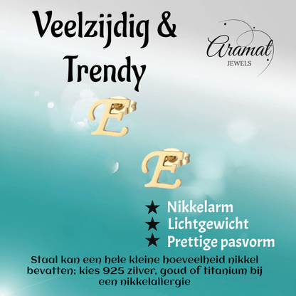 Goudkleurige RVS oorstekers Letter E - Aramat Jewels - Oorbellen - cadeautip