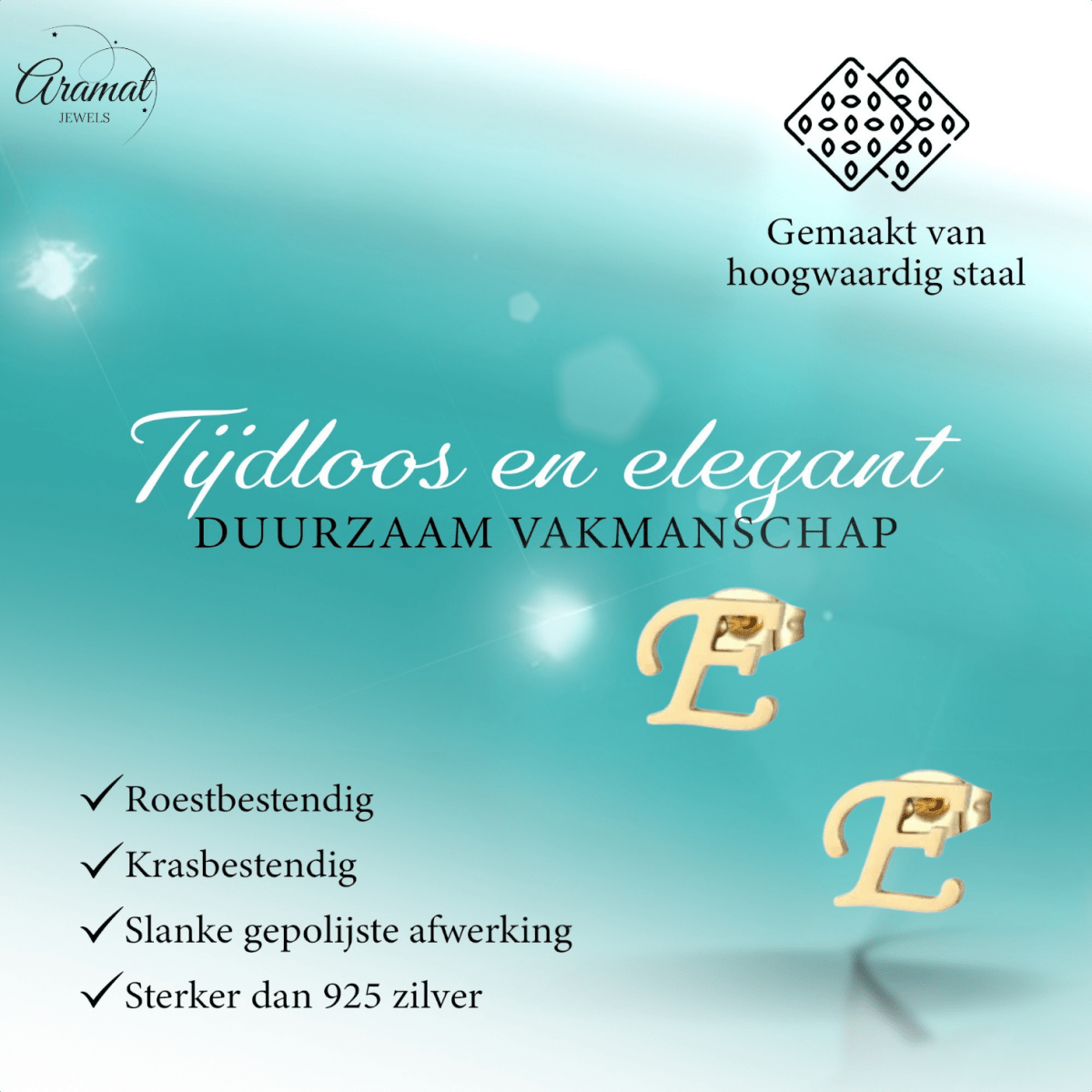 Goudkleurige RVS oorstekers Letter E - Aramat Jewels - Oorbellen - cadeautip