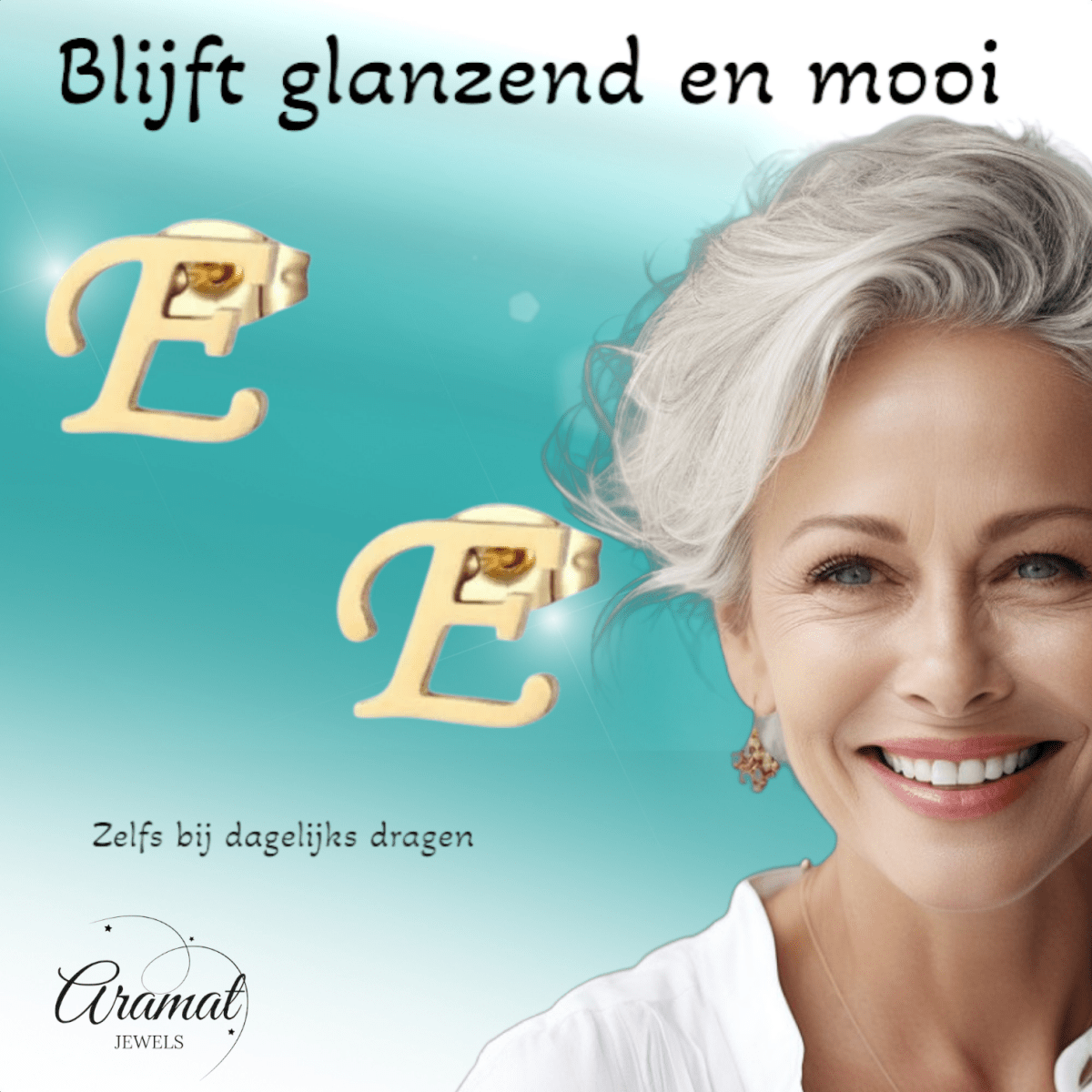 Goudkleurige RVS oorstekers Letter E - Aramat Jewels - Oorbellen - cadeautip