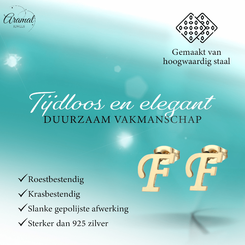 Goudkleurige RVS oorstekers Letter F - Aramat Jewels - Oorbellen - cadeautip