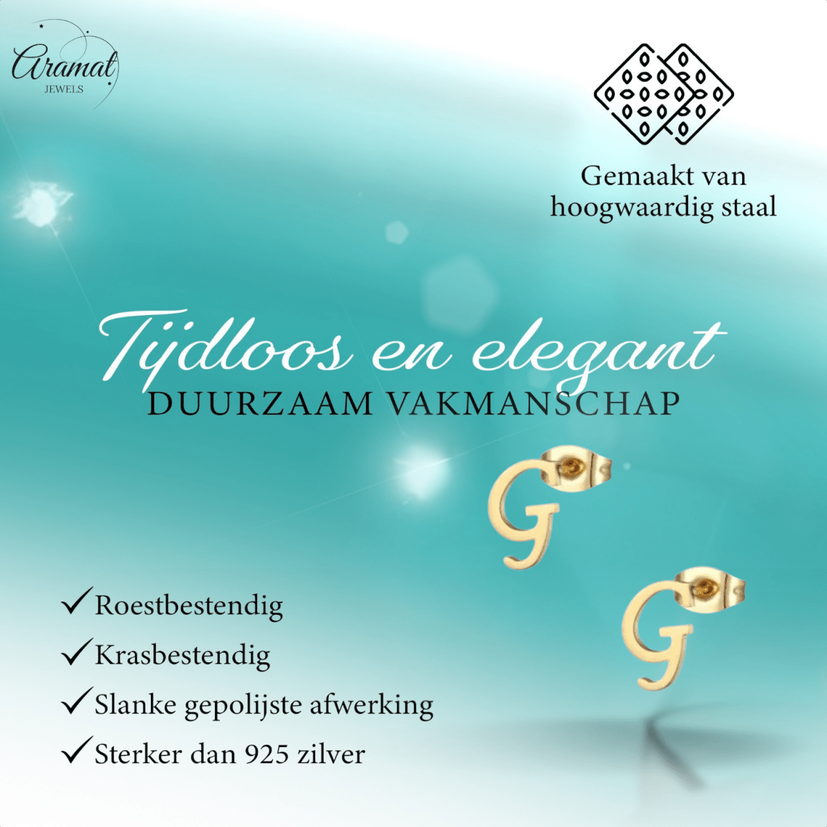 Goudkleurige RVS oorstekers Letter G - Aramat Jewels - Oorbellen - cadeautip