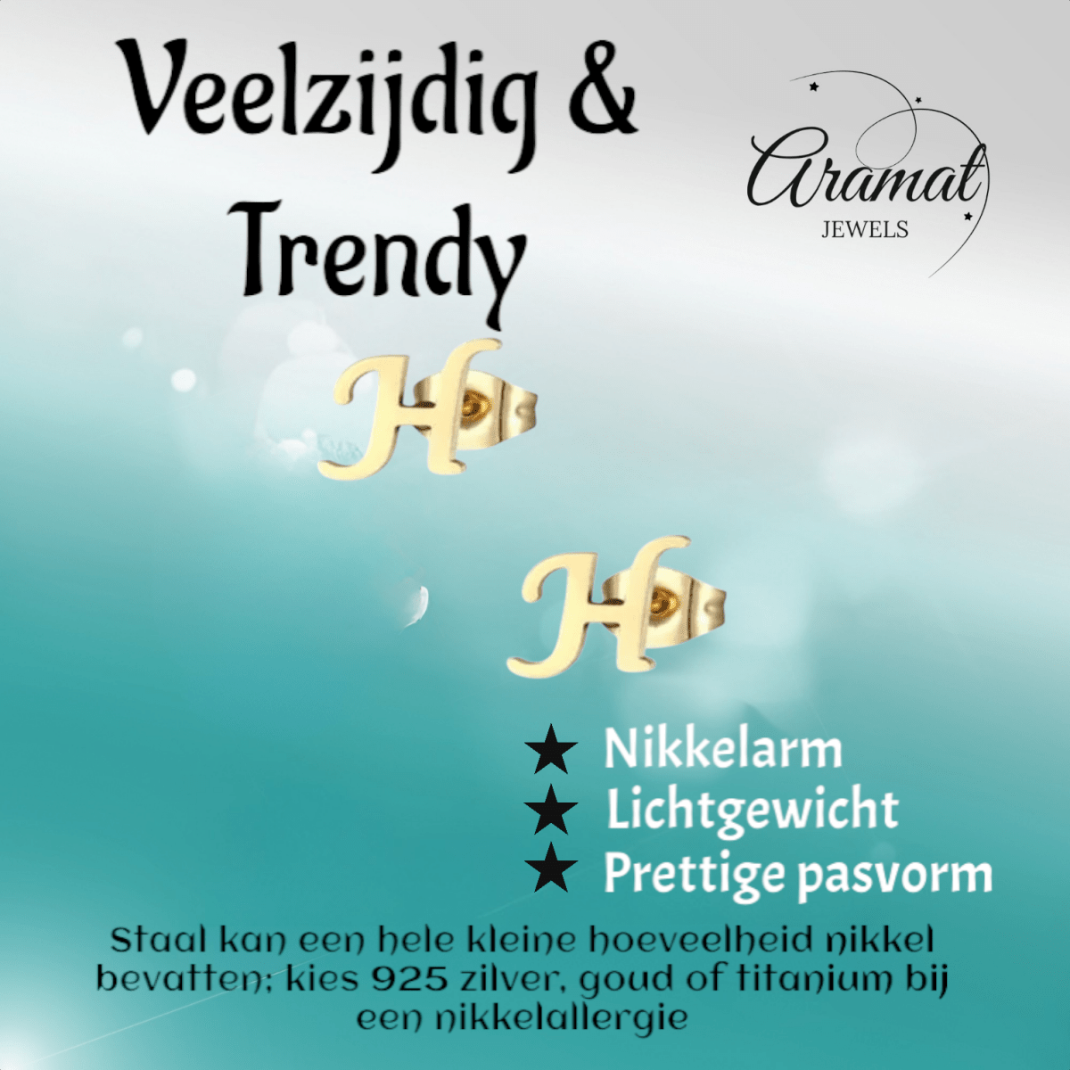 Goudkleurige RVS oorstekers Letter H - Aramat Jewels - Oorbellen - cadeautip