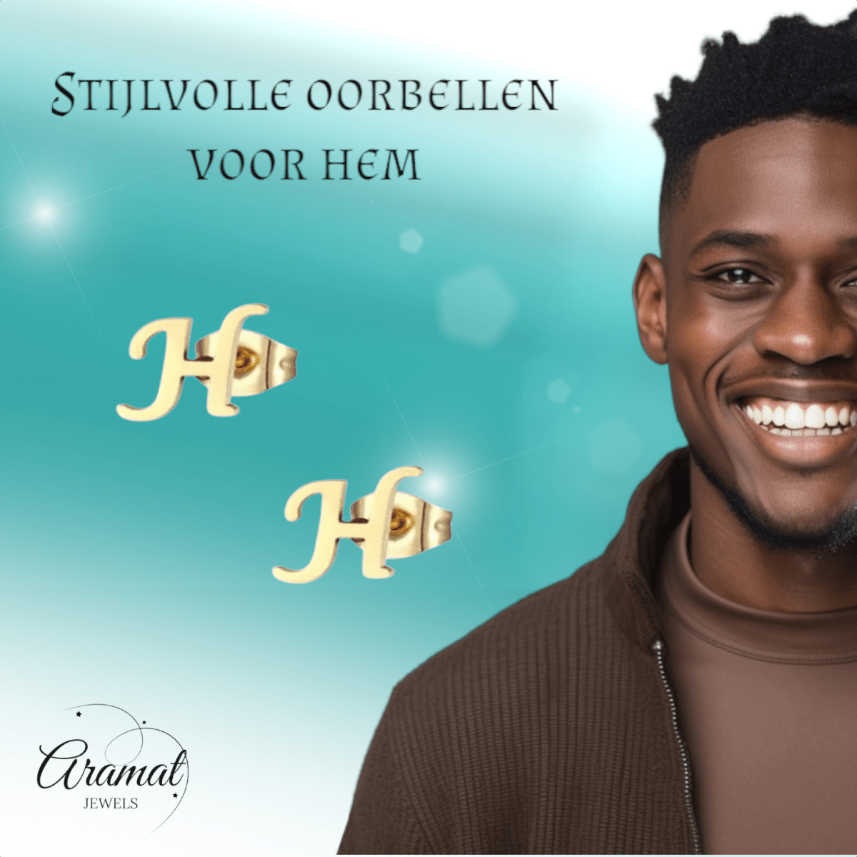 Goudkleurige RVS oorstekers Letter H - Aramat Jewels - Oorbellen - cadeautip