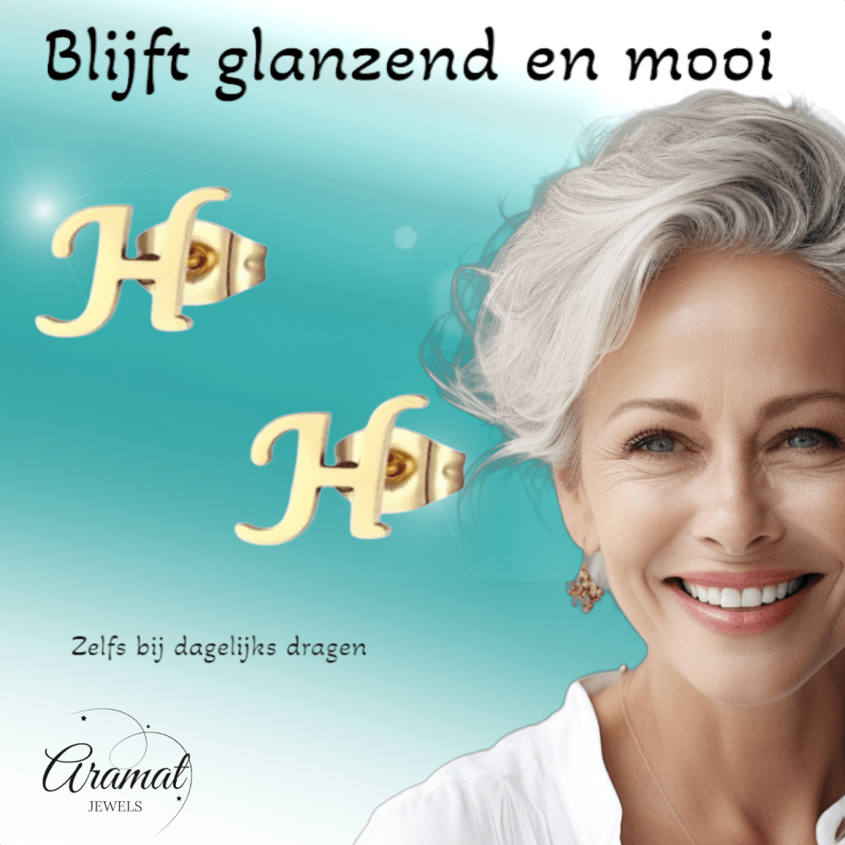 Goudkleurige RVS oorstekers Letter H - Aramat Jewels - Oorbellen - cadeautip