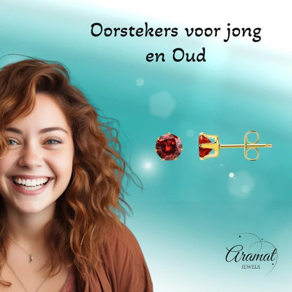 Goudkleurige RVS Oorstekers met Rode Zirkonia - vanaf 3 mm - Aramat Jewels - Oorbellen - cadeautip