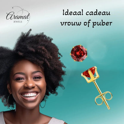 Goudkleurige RVS Oorstekers met Rode Zirkonia - vanaf 3 mm - Aramat Jewels - Oorbellen - cadeautip