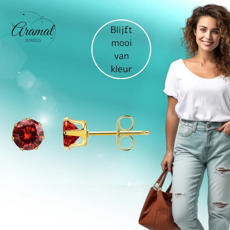 Goudkleurige RVS Oorstekers met Rode Zirkonia - vanaf 3 mm - Aramat Jewels - Oorbellen - cadeautip