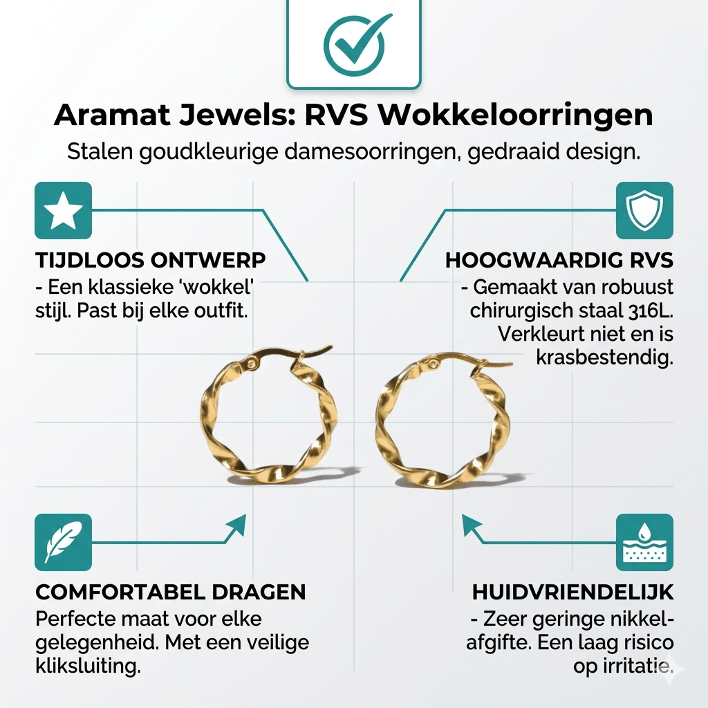 Goudkleurige RVS Wokkeloorringen Gedraaid - 20 mm - Aramat Jewels - Oorringen - cadeautip
