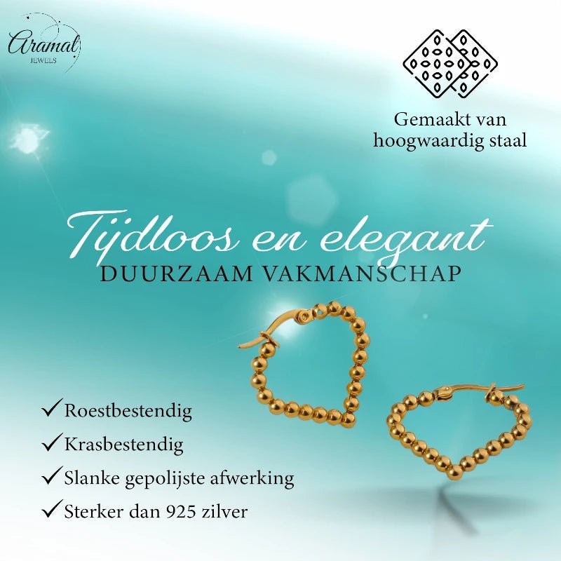 Goudkleurige stainless steel druppelvormige oorringen met bolletjesmotief – 33 mm - oor6410 - 514399 - Oorringen kopen# - 33mm - alles - bolletjes