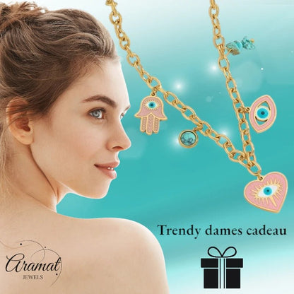 Goudkleurige stainless steel multi - charm ketting – met hamsa, boze oog & hartje – 40 + 5 cm - ket1158 - 772897 - Halskettingen kopen# - 40cm - alles - Bedelketting