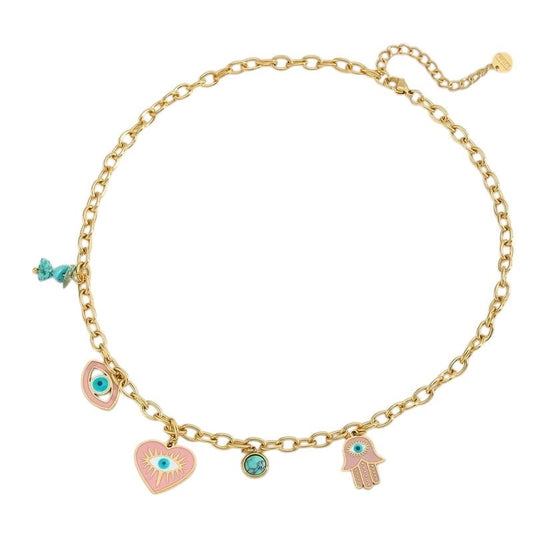 Goudkleurige stainless steel multi - charm ketting – met hamsa, boze oog & hartje – 40 + 5 cm - ket1158 - 772897 - Halskettingen kopen# - 40cm - alles - Bedelketting