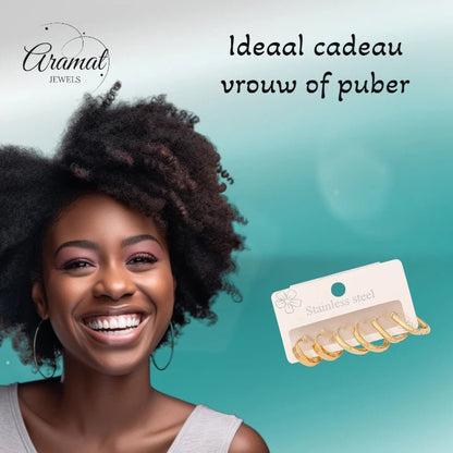 Goudkleurige stainless steel oorringen set – 2x rond + 1x vierkant – 3 paar - set20 - 153018 - Oorringen kopen# - alles - cadeau - dames