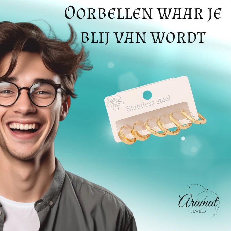 Goudkleurige stainless steel oorringen set – 2x rond + 1x vierkant – 3 paar - set20 - 153018 - Oorringen kopen# - alles - cadeau - dames