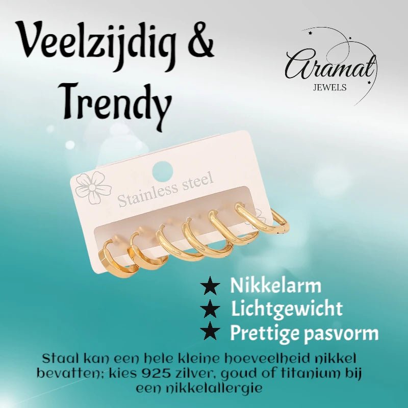 Goudkleurige stainless steel oorringen set – 2x rond + 1x vierkant – 3 paar - set20 - 153018 - Oorringen kopen# - alles - cadeau - dames