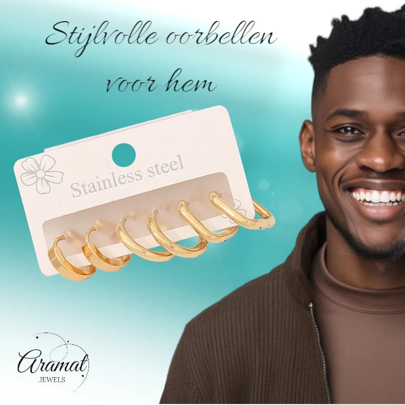 Goudkleurige stainless steel oorringen set – 2x rond + 1x vierkant – 3 paar - set20 - 153018 - Oorringen kopen# - alles - cadeau - dames