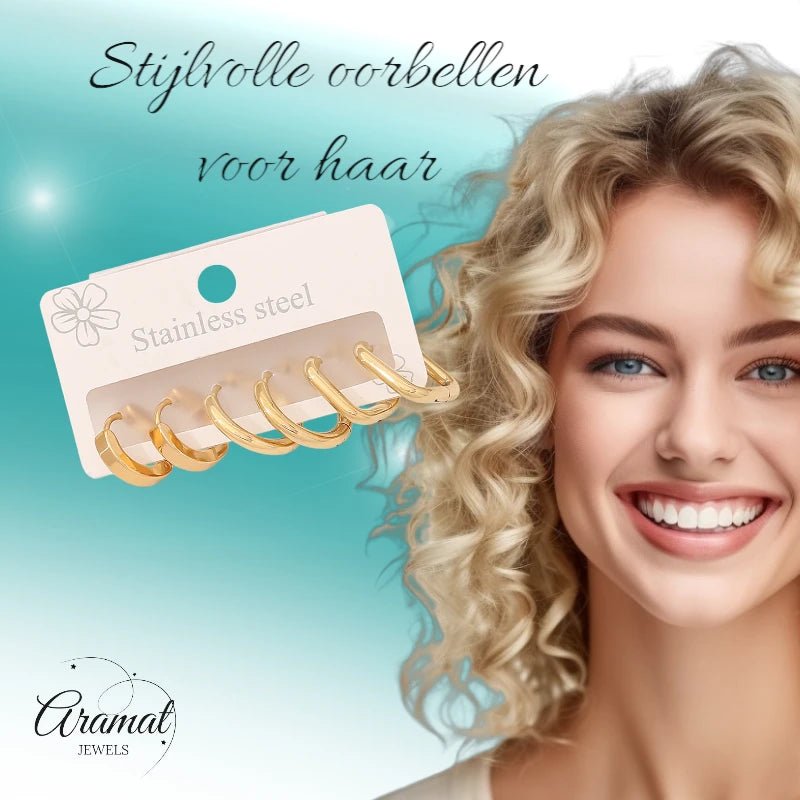 Goudkleurige stainless steel oorringen set – 2x rond + 1x vierkant – 3 paar - set20 - 153018 - Oorringen kopen# - alles - cadeau - dames