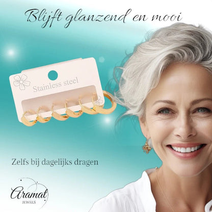 Goudkleurige stainless steel oorringen set – 3 maten ronde huggies – 3 paar - set32 - 153017 - Oorbellen kopen# - alles - cadeau - dames