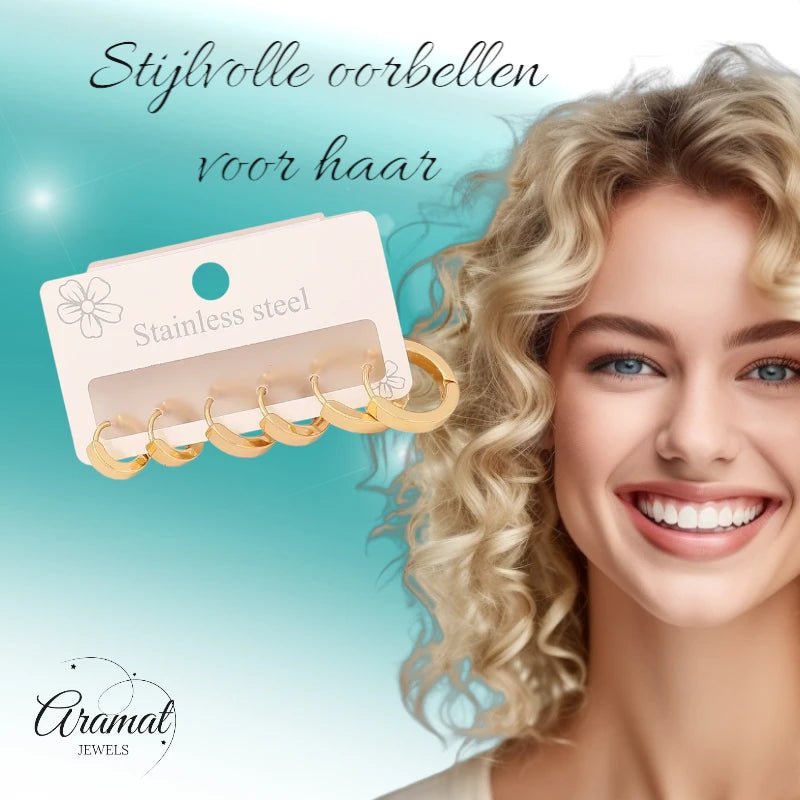 Goudkleurige stainless steel oorringen set – 3 maten ronde huggies – 3 paar - set32 - 153017 - Oorbellen kopen# - alles - cadeau - dames