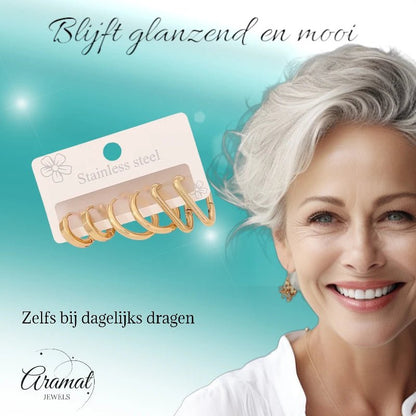 Goudkleurige stainless steel oorringenset – 2x rond + 1x driehoekig – 3 paar - set33 - 153015 - Oorbellen kopen# - alles - cadeau - dames