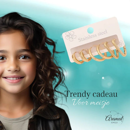 Goudkleurige stainless steel oorringenset – 2x rond + 1x driehoekig – 3 paar - set33 - 153015 - Oorbellen kopen# - alles - cadeau - dames