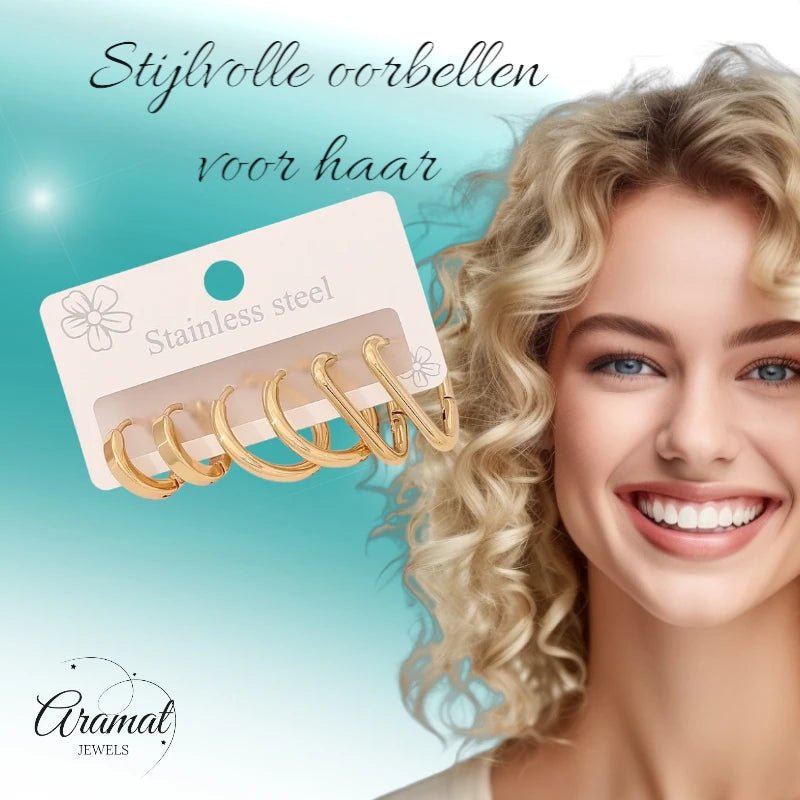 Goudkleurige stainless steel oorringenset – 2x rond + 1x driehoekig – 3 paar - set33 - 153015 - Oorbellen kopen# - alles - cadeau - dames
