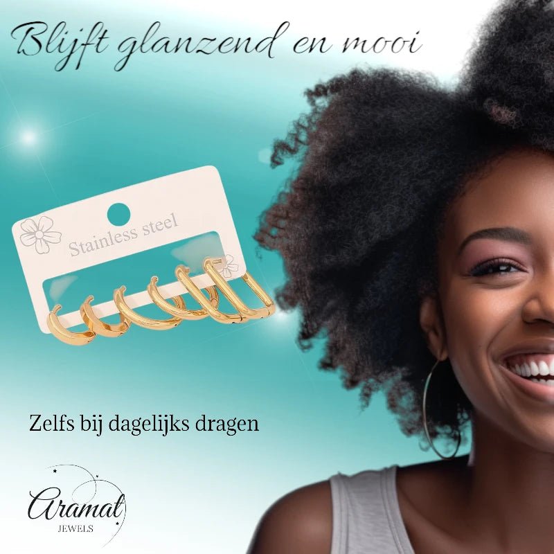 Goudkleurige stainless steel oorringenset – 2x rond + 1x rechthoekig – 3 paar - set31 - 153016 - Oorbellen kopen# - alles - cadeau - dames