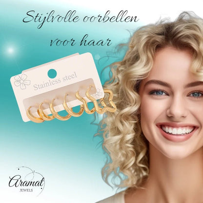 Goudkleurige stainless steel oorringenset – 2x rond + 1x stervormig – 3 paar - set22 - 153019 - Sieradensets kopen# - alles - cadeau - dames