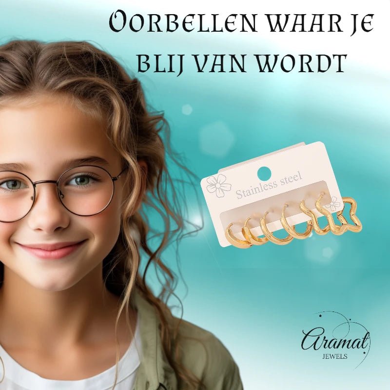 Goudkleurige stainless steel oorringenset – 2x rond + 1x stervormig – 3 paar - set22 - 153019 - Sieradensets kopen# - alles - cadeau - dames