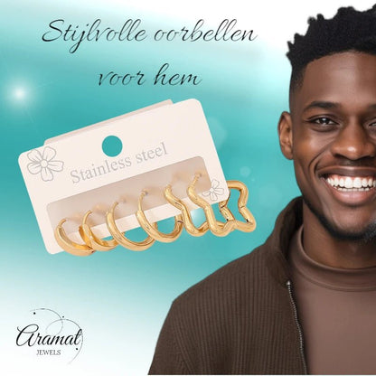 Goudkleurige stainless steel oorringenset – 2x rond + 1x stervormig – 3 paar - set22 - 153019 - Sieradensets kopen# - alles - cadeau - dames