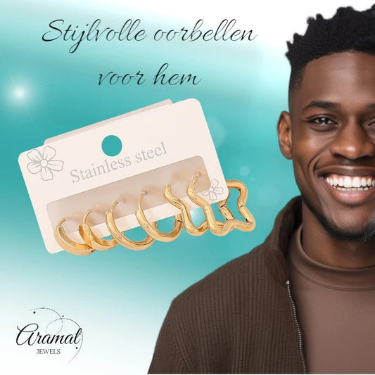 Goudkleurige stainless steel oorringenset – 2x rond + 1x stervormig – 3 paar - set22 - 153019 - Sieradensets kopen# - alles - cadeau - dames