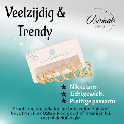 Goudkleurige stainless steel oorringenset – 2x rond + 1x stervormig – 3 paar - set22 - 153019 - Sieradensets kopen# - alles - cadeau - dames