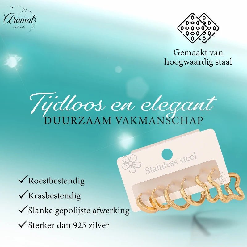 Goudkleurige stainless steel oorringenset – 2x rond + 1x stervormig – 3 paar - set22 - 153019 - Sieradensets kopen# - alles - cadeau - dames