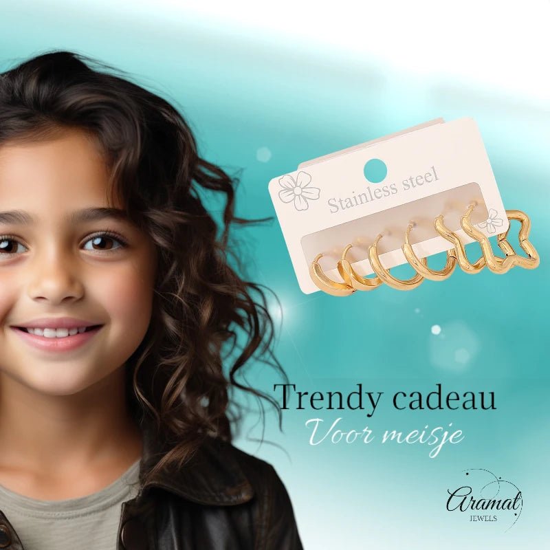 Goudkleurige stainless steel oorringenset – 2x rond + 1x stervormig – 3 paar - set22 - 153019 - Sieradensets kopen# - alles - cadeau - dames