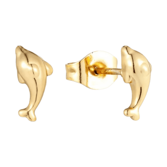Gouden oorbellen in de vorm van een dolfijn.
