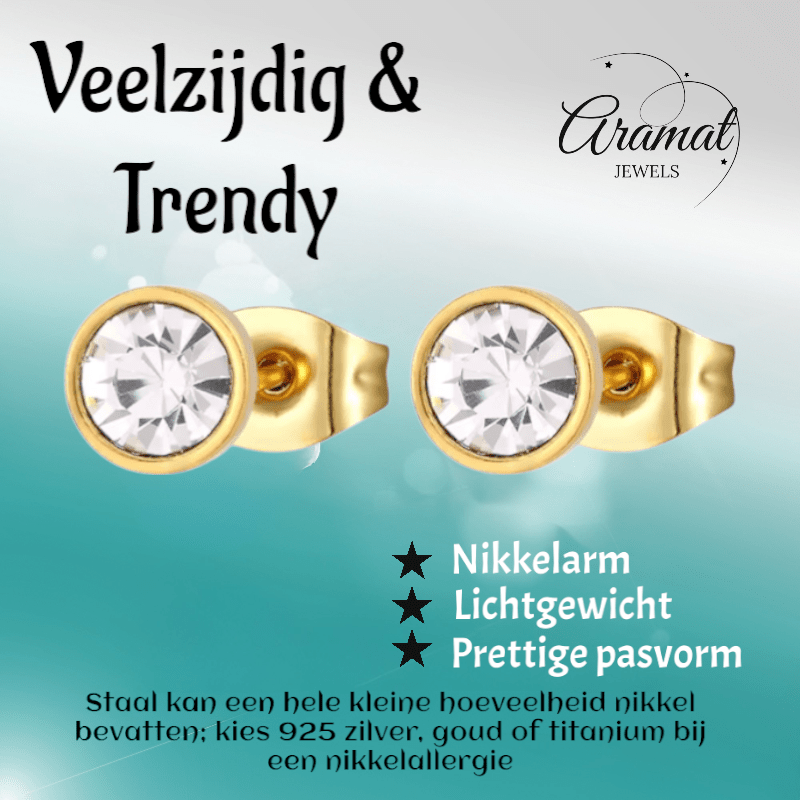 Goudkleurige Stalen Kristallen Oorbellen 6mm - oor1692 - xe58218 - Oorbellen kopen# - 6mm - alles - cadeau