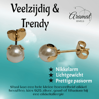 Goudkleurige Stalen Parel Oorbellen 6mm - Aramat Jewels - Oorbellen - cadeautip