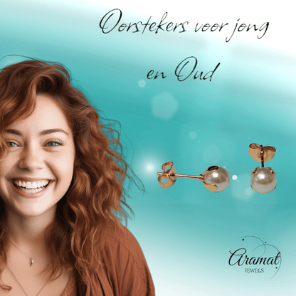 Goudkleurige Stalen Parel Oorbellen 6mm - Aramat Jewels - Oorbellen - cadeautip