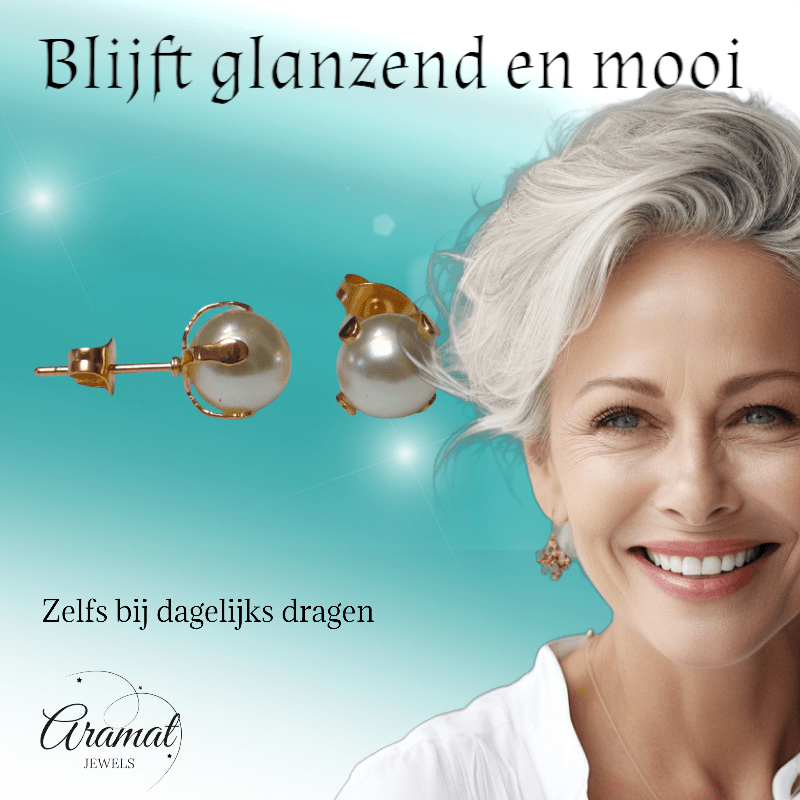 Goudkleurige Stalen Parel Oorbellen 8mm - Aramat Jewels - Oorbellen - cadeautip