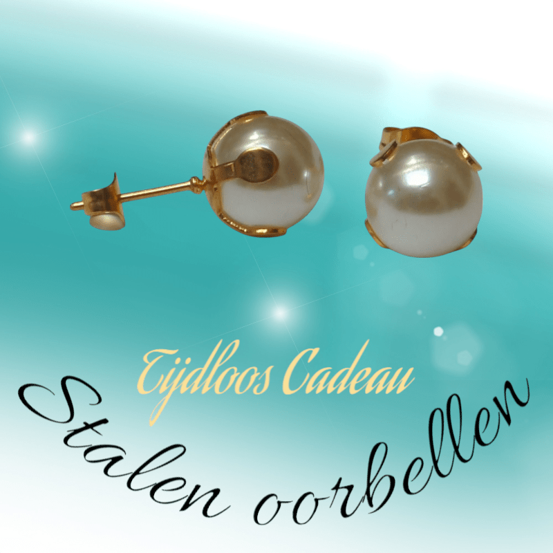 Goudkleurige Stalen Parel Oorbellen 9mm - Aramat Jewels - Oorbellen - cadeautip