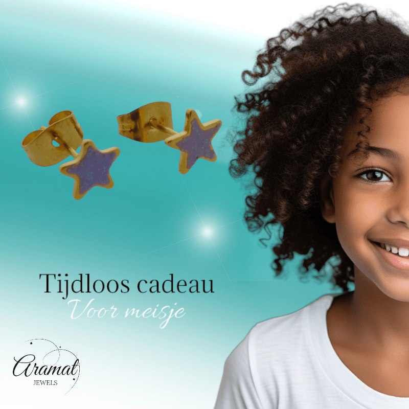 Goudkleurige Ster Oorbellen met Lila Glitters - oor6174 - YY - Oorbellen kopen# - 6mm - alles - cadeau