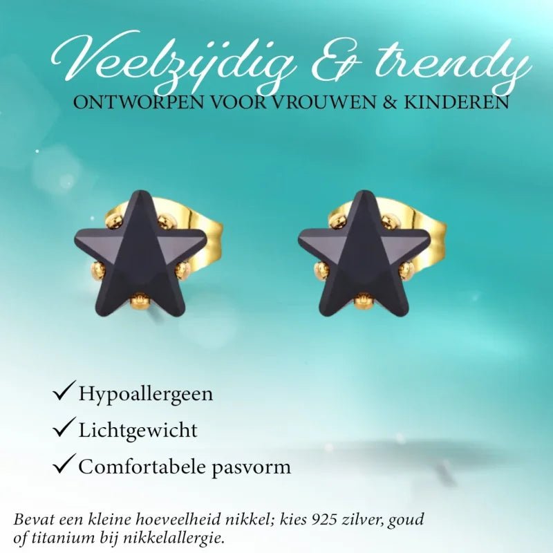 Stervormige oorbellen met gouden stiften.