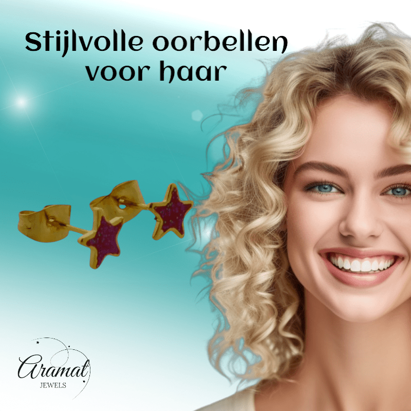 Goudkleurige Ster Oorstekers Rood 6 mm - oor6171 - YY - Oorbellen kopen# - 6mm - alles - cadeau