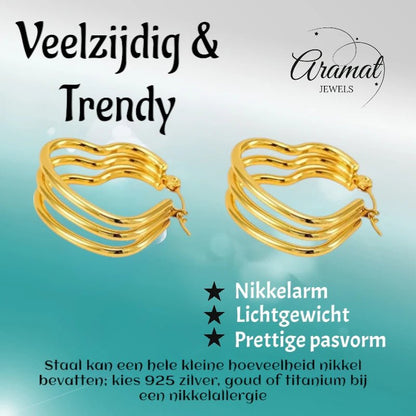 Goudkleurige Triple Hart Oorringen 25mm - oor6302 - 827752 - Oorringen kopen# - 25mm - alles - cadeau