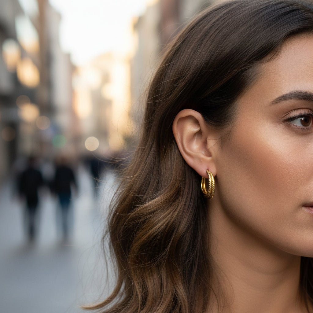 Goudkleurige Triple Oorringen RVS met Streepjesmotief 20x7,5mm - Aramat Jewels - Oorringen - cadeautip