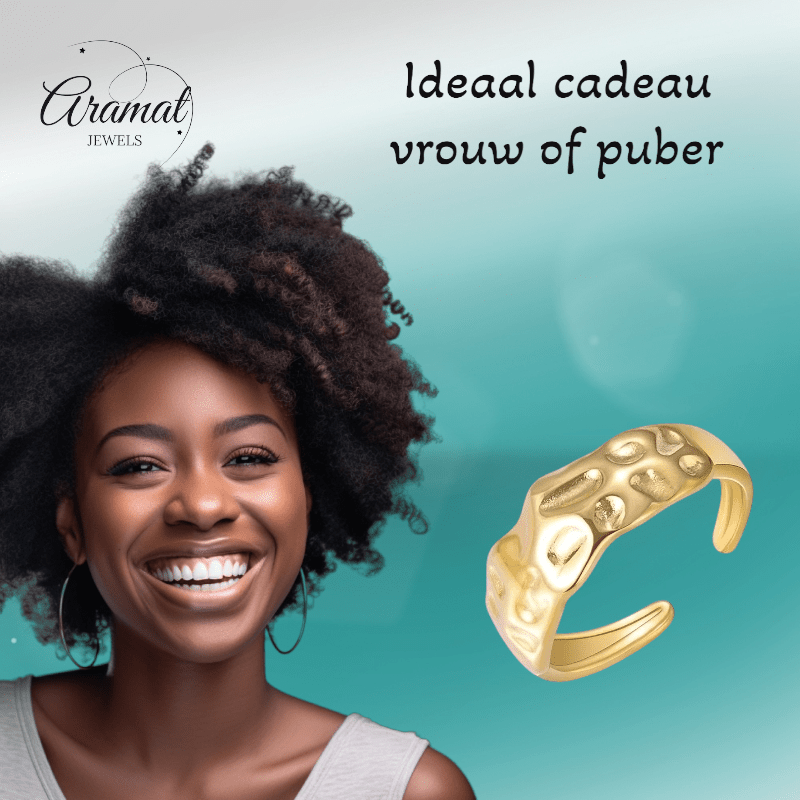 Goudkleurige Verstelbare Dames Ring deukjes - motief - Stainless Steel - Trendy - ring351 - 104805 - Ringen kopen# - Goudkleur - alles - boho